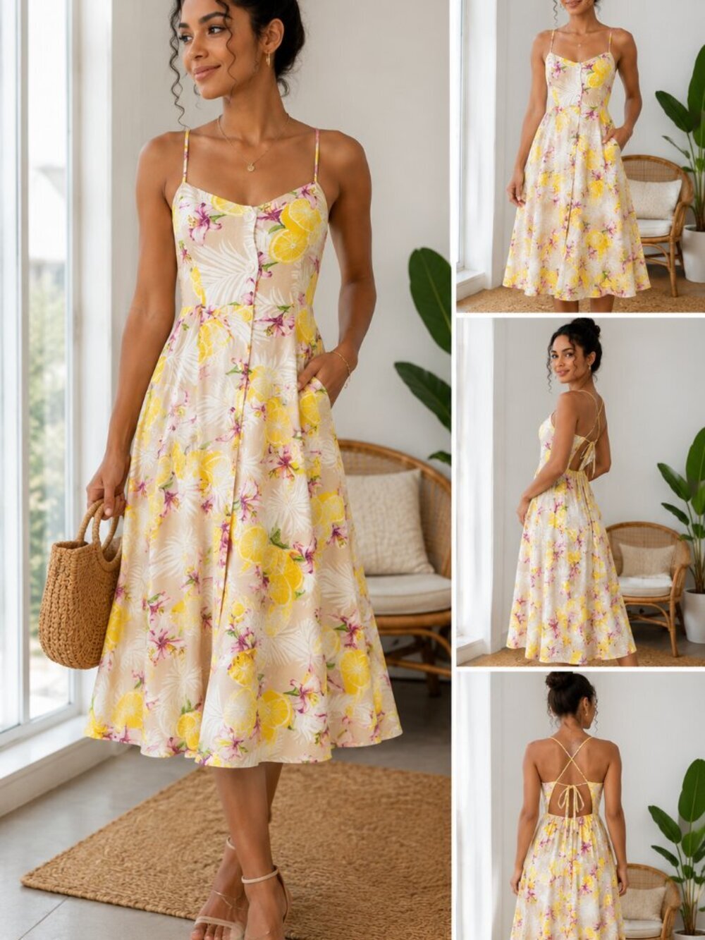 Lemon Floral Tropical Sundress Midi Dress Open Back Patch Pockets Size Small